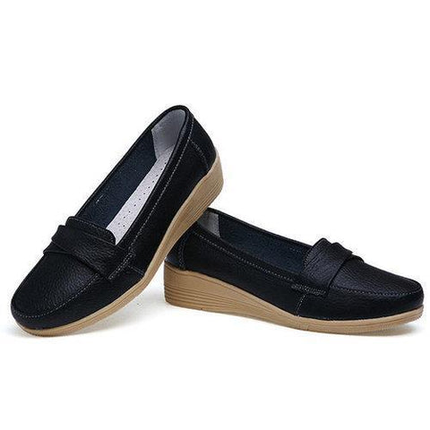 Pure Color Buckle Leather Wedge Heel Loafers For Women