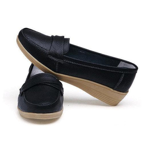 Pure Color Buckle Leather Wedge Heel Loafers For Women