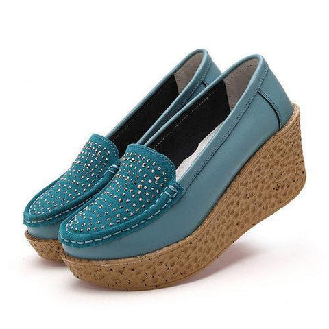 Beaded Pattern Platform Leather Rivet Casual Shoes For Women