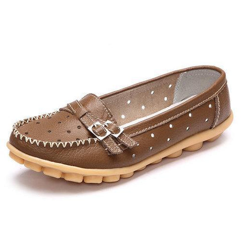 Leather Breathable Hollow Out Soft Sole Women Flat Casual Shoes