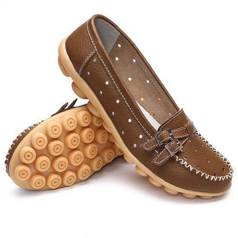 Leather Breathable Hollow Out Soft Sole Women Flat Casual Shoes