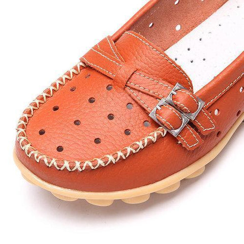 Leather Breathable Hollow Out Soft Sole Women Flat Casual Shoes