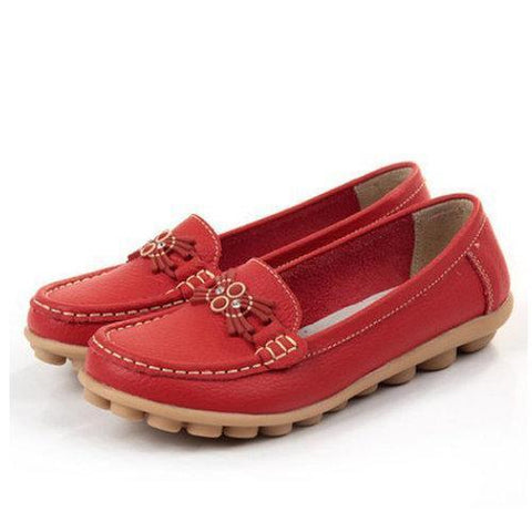 Beaded Pattern Buckle Leather Soft Flat Loafers For Women