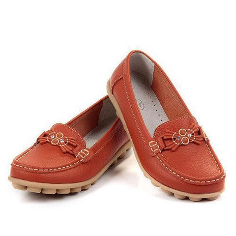 Beaded Pattern Buckle Leather Soft Flat Loafers For Women