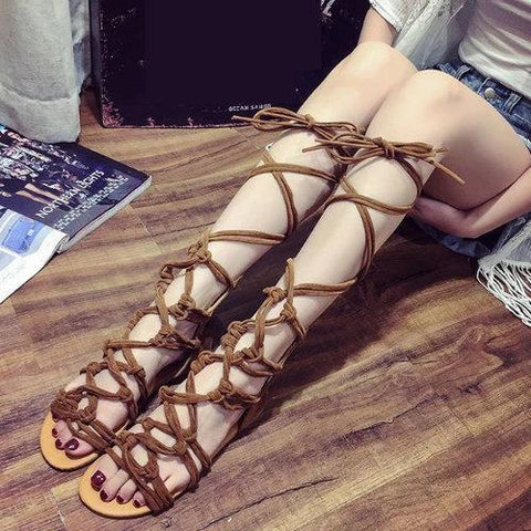 Bohemia Peep Toe Lace Up Roman Gladiator Knee High Sandals