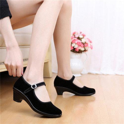 Black Square Heel Buckle Casual Strappy Mary Jane Shoes