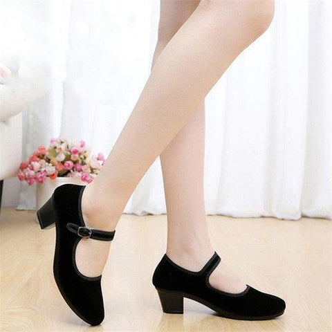 Black Square Heel Buckle Casual Strappy Mary Jane Shoes