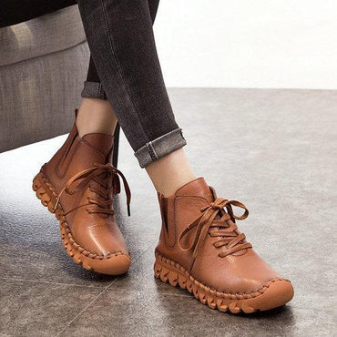 Genuine Leather Pure Color Lace Up Soft Sole Boots For Women