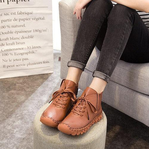 Genuine Leather Pure Color Lace Up Soft Sole Boots For Women