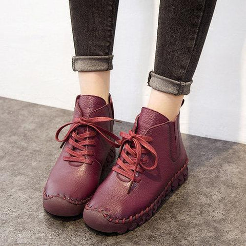 Genuine Leather Pure Color Lace Up Soft Sole Boots For Women