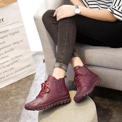 Genuine Leather Pure Color Lace Up Soft Sole Boots For Women