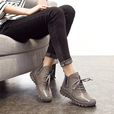 Genuine Leather Pure Color Lace Up Soft Sole Boots For Women