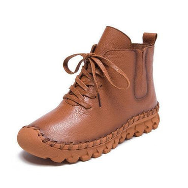 Genuine Leather Pure Color Lace Up Soft Sole Boots For Women