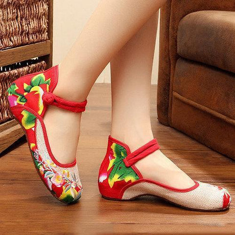 Embroidered Flower Buckle Retro Mary Jane Casual Shoes