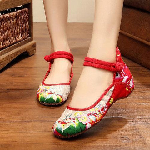 Embroidered Flower Buckle Retro Mary Jane Casual Shoes