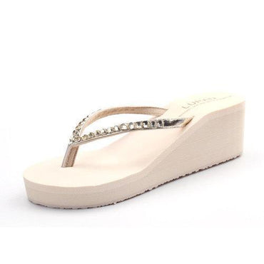 White Beaded Clip Toe Wedge Heel Platform Beach Slippers Flip Flops