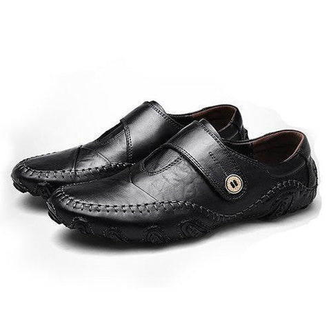 Men Genuine Leather Metal Button Decoration Stitching Slip On Loafers