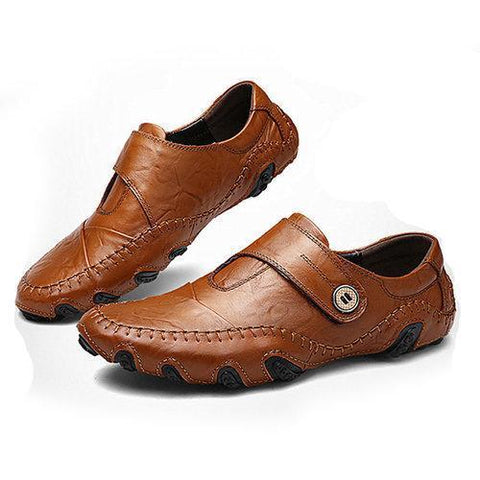 Men Genuine Leather Metal Button Decoration Stitching Slip On Loafers