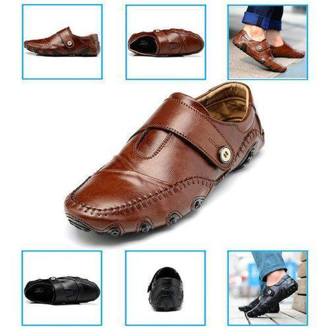 Men Genuine Leather Metal Button Decoration Stitching Slip On Loafers