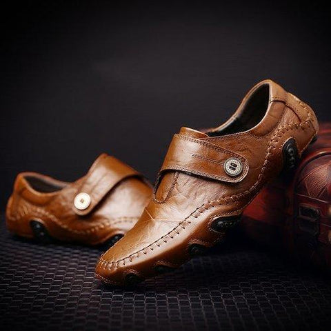 Men Genuine Leather Metal Button Decoration Stitching Slip On Loafers