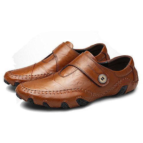 Men Genuine Leather Metal Button Decoration Stitching Slip On Loafers