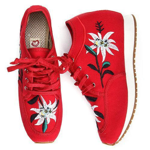 Flower Pattern Heel Increasing Canvas Retro Lace Up Casual Shoes