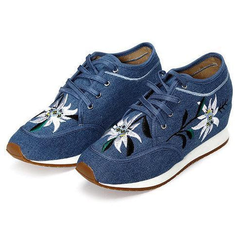 Flower Pattern Heel Increasing Canvas Retro Lace Up Casual Shoes