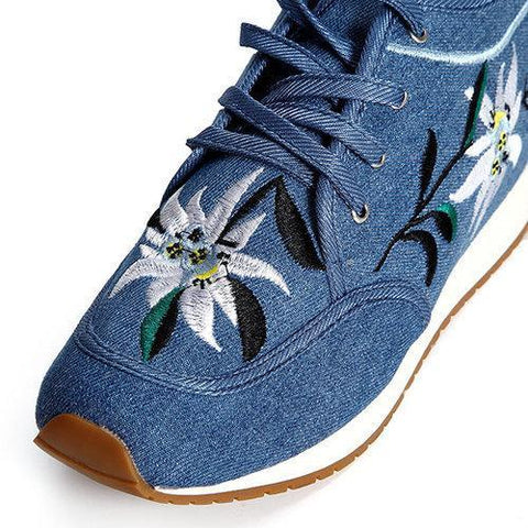 Flower Pattern Heel Increasing Canvas Retro Lace Up Casual Shoes