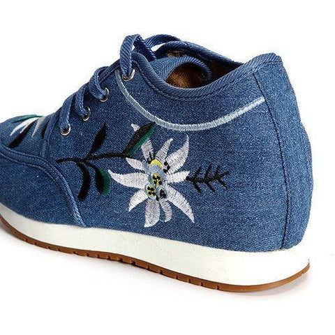 Flower Pattern Heel Increasing Canvas Retro Lace Up Casual Shoes