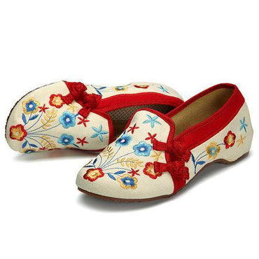 Floral Embroidered Chinese Knot Slip On Canvas Flat Loafers