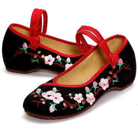 Embroidered Floral Print Canvas Slip On Retro Lazy Shoes