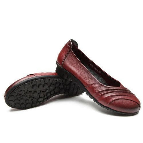 Socofy Pure Color Leather Handmade Retro Comfortable Flat Shoes