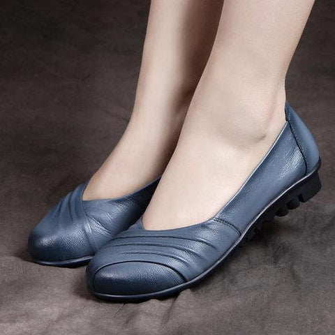 Socofy Pure Color Leather Handmade Retro Comfortable Flat Shoes