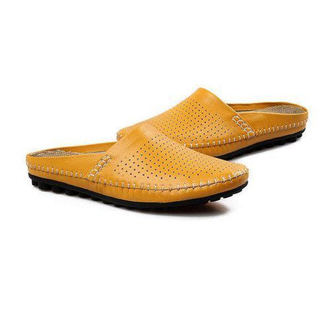 Men Hollow Out Cow Hide Beach Shoes Casual Backless Loafers