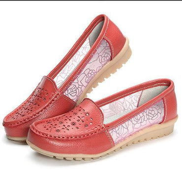 Breathable Hollow Out Lace Slip On Leather Casual Flat Shoes