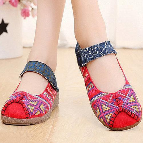 Pattern Embroidered Color Match Hook Loop Soft Sole Retro Flat Shoes