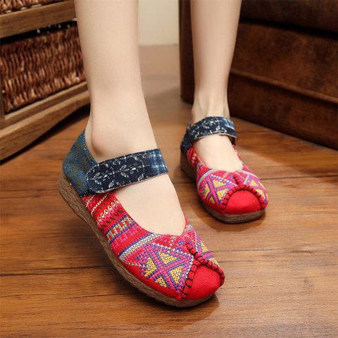 Pattern Embroidered Color Match Hook Loop Soft Sole Retro Flat Shoes