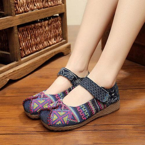 Pattern Embroidered Color Match Hook Loop Soft Sole Retro Flat Shoes