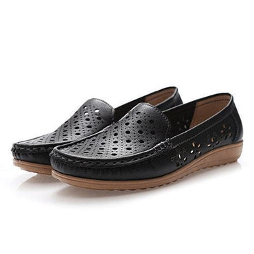 Hollow Out Breathable Leather Flat Slip On Driving Shoes