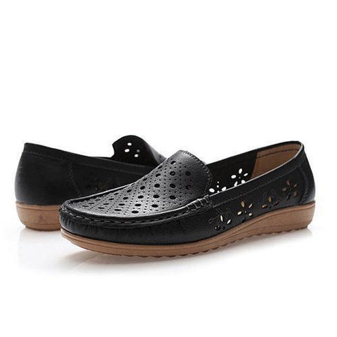 Hollow Out Breathable Leather Flat Slip On Driving Shoes