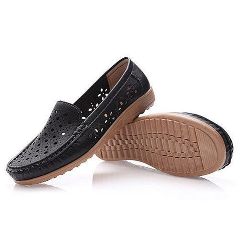 Hollow Out Breathable Leather Flat Slip On Driving Shoes