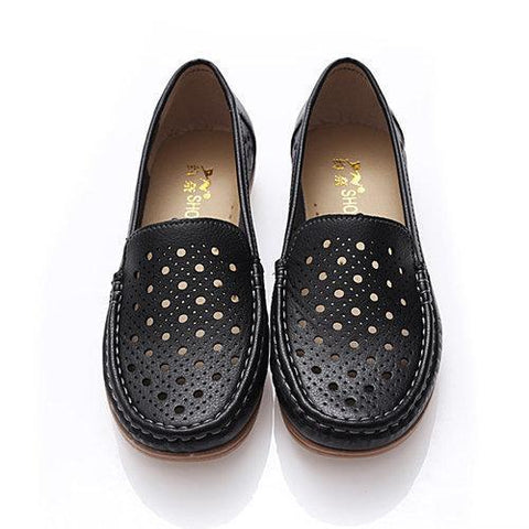 Hollow Out Breathable Leather Flat Slip On Driving Shoes