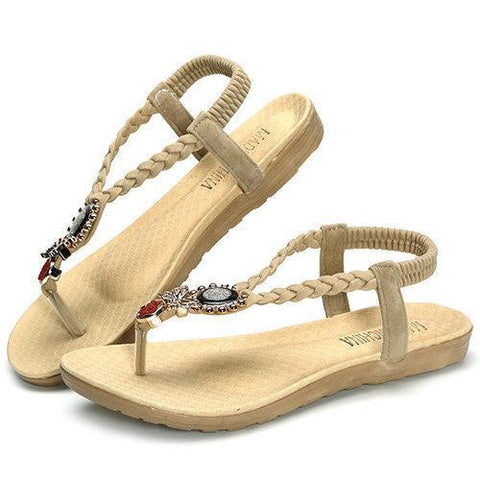 Bead Butterfly Sun Clip Toe Flat Slip On Elastic Sandals