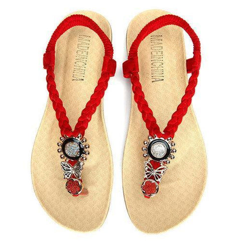 Bead Butterfly Sun Clip Toe Flat Slip On Elastic Sandals