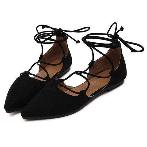 Big Size Black Suede Strappy Pointed Toe Flat Lace Up Shoes