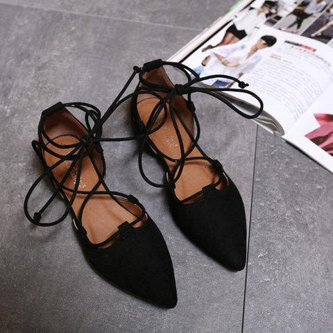 Big Size Black Suede Strappy Pointed Toe Flat Lace Up Shoes