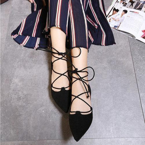 Big Size Black Suede Strappy Pointed Toe Flat Lace Up Shoes