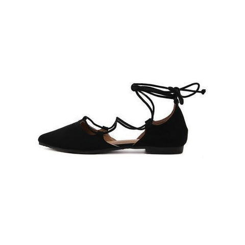 Big Size Black Suede Strappy Pointed Toe Flat Lace Up Shoes