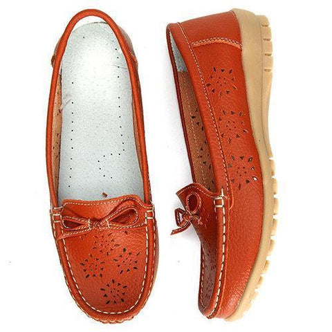 Hollow Out Breathable Bowknot Leather Slip On Soft Loafers