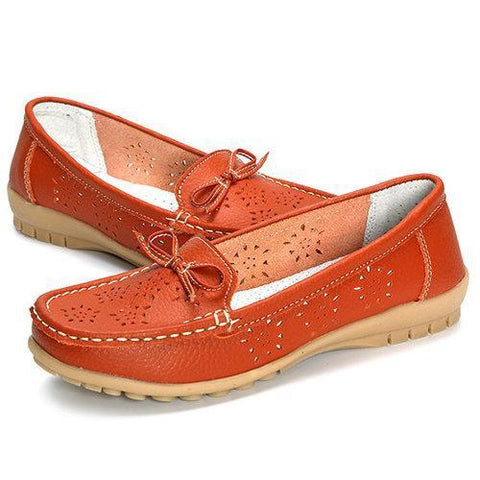 Hollow Out Breathable Bowknot Leather Slip On Soft Loafers